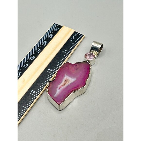 Pink Druzy Quartz Gemstone Pendant Sterling Silver 925 with Pink Glass Stone - Picture 7 of 7